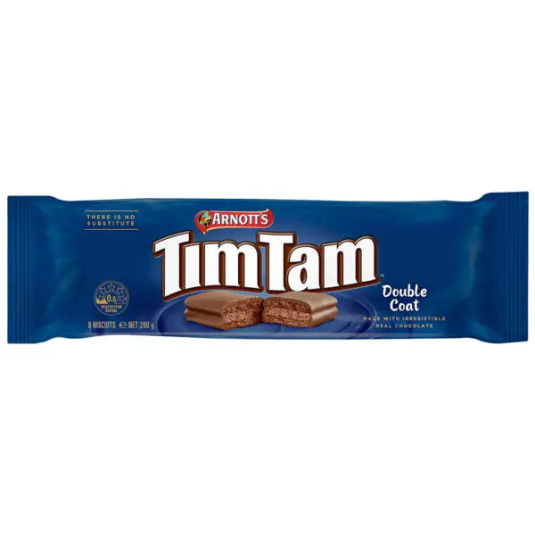 Front of Arnotts Tim Tam Double Coat pack showing blue packaging, logo, and two visible chocolate-coated biscuits (200g pack)