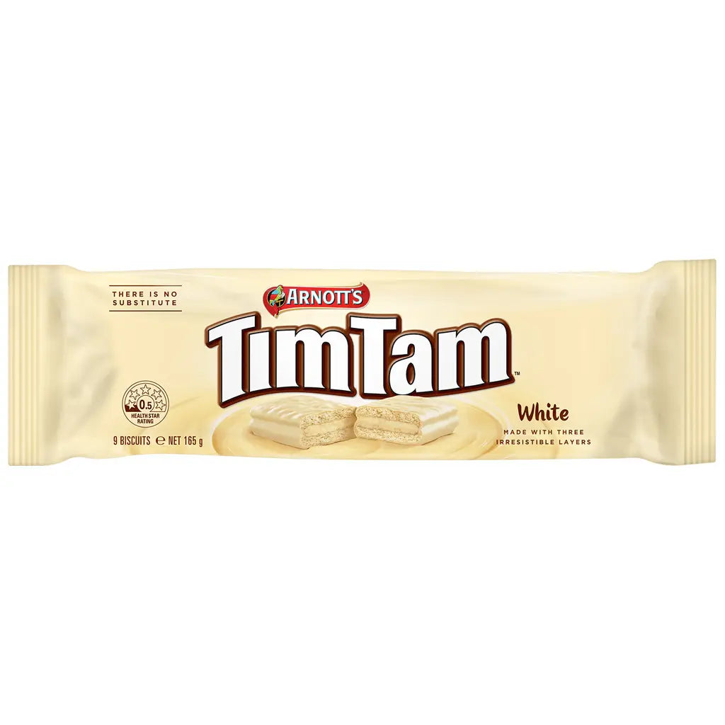 Front of Arnotts Tim Tam White packaging showing logo, white biscuit with layers, and 165g pack size.