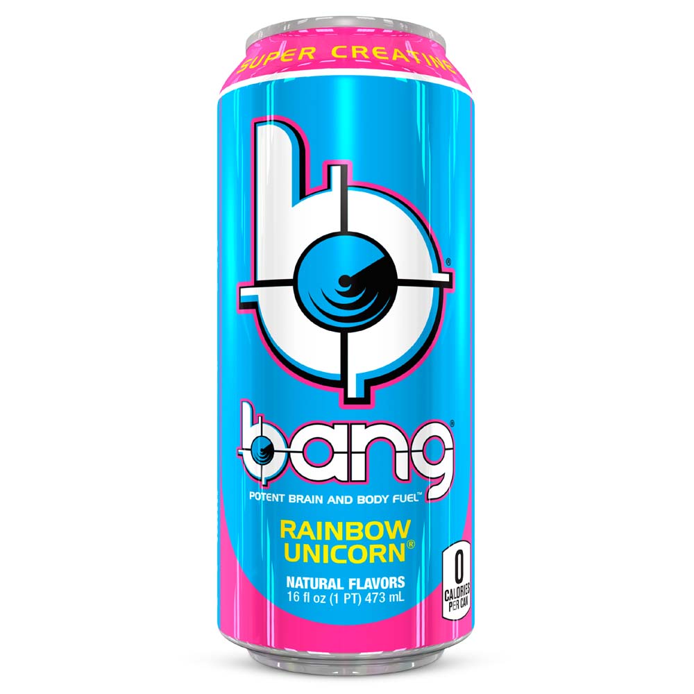 Front of Bang Rainbow Unicorn can displaying vibrant blue and pink design, featuring the logo and Rainbow Unicorn flavour (500ml).