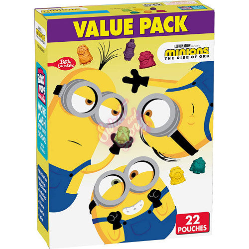 Front of Betty Crocker Minions Fruit Snacks box showing colourful Minion characters, fruity shapes, and value pack with 22 pouches (498g)