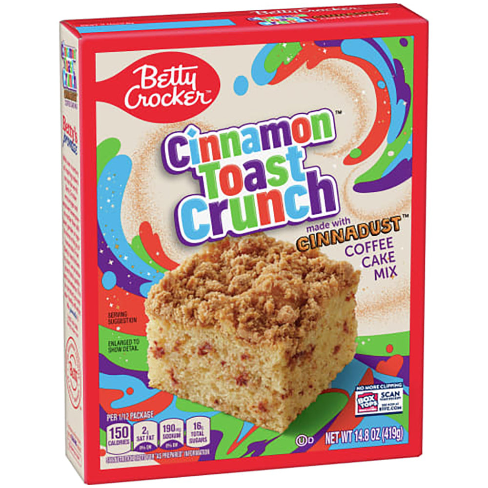 Front of Betty Crocker Cinnamon Toast Crunch Coffee Cake Mix box featuring colourful graphics, Cinnadust indication, and the 419g pack size