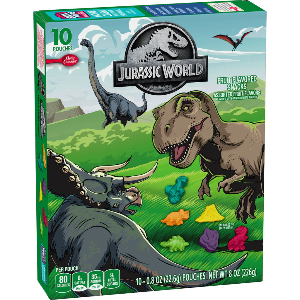 Front of Betty Crocker Jurassic World Fruit Snacks box featuring assorted fruit flavoured snacks with dinosaur shapes and 10 pouches (226g)