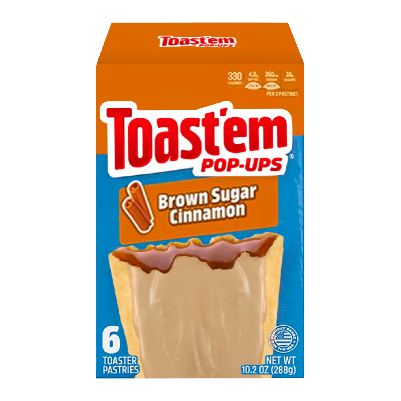 Front of Toast'em Pop Ups Frosted Brown Sugar Cinnamon Toaster Pastries box featuring the brand logo and images of pastries with a brown sugar cinnamon filling (288g pack)