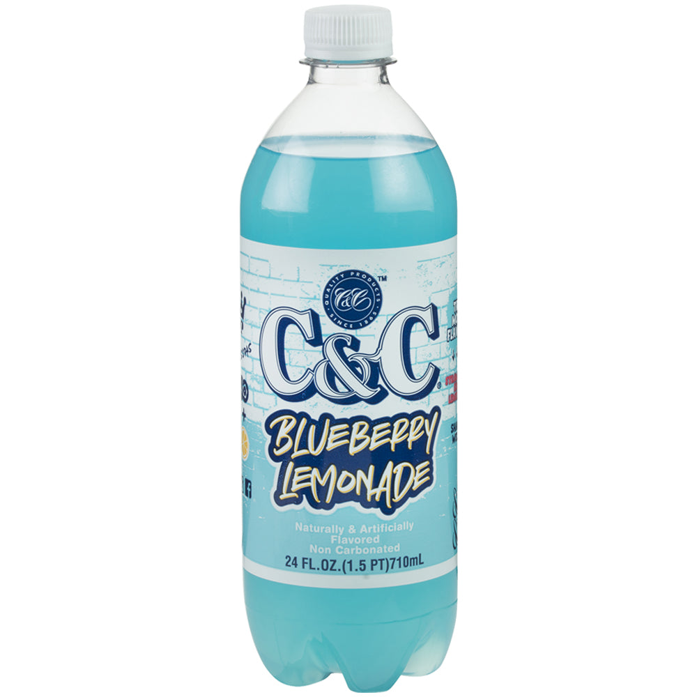 Front of C&C Blueberry Lemonade Soda bottle featuring vibrant blue colour, product name, and 710ml pack size.