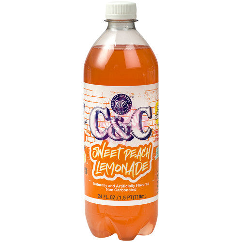 Front of C&C Sweet Peach Lemonade bottle displaying vibrant label, featuring sweet peach flavour and 710ml volume.