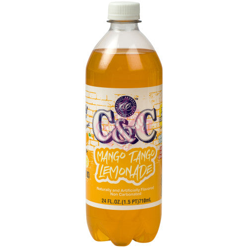 Front of C&C Mango Tango Lemonade bottle showing vibrant yellow label with brand logo, mango flavour text, and 710ml size.
