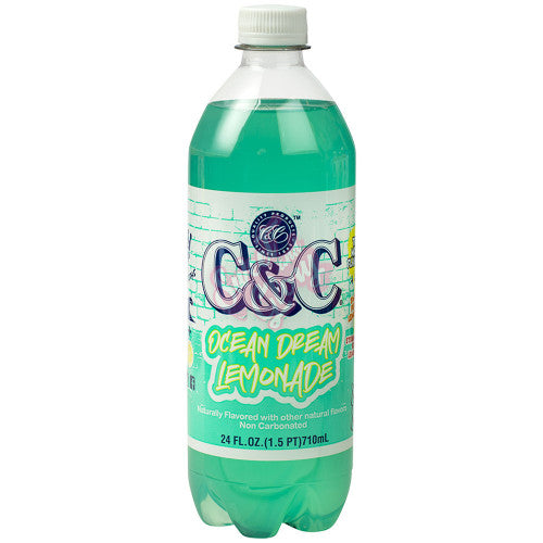 Front of C&C Ocean Dream Lemonade bottle showing bright turquoise label with logo and flavour details (710ml pack)