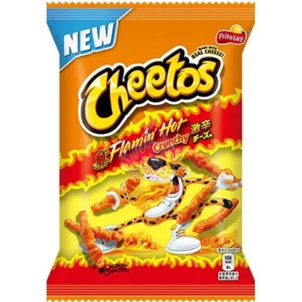 Front of Cheetos Flamin' Hot bag featuring a vibrant design, fiery flavour label, and iconic Cheetos shape (75g pack)