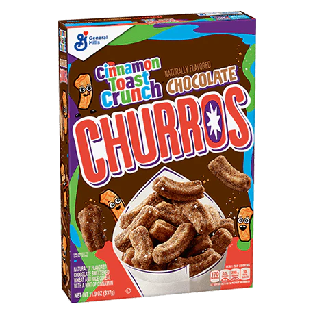 Front of Cinnamon Toast Crunch Chocolate Churros Cereal box featuring logo, chocolate churros image, and 337g pack size.