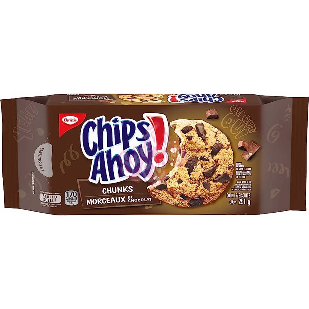 Front of Chips Ahoy! Chunky Cookies pack showing the brand name, chocolate chunk cookie image, and 251g label.