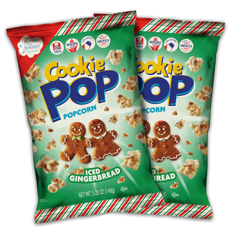 Front of Cookie Pop Iced Gingerbread Popcorn big bag showing bright logo, gingerbread figures, and festive popcorn design (149g pack)