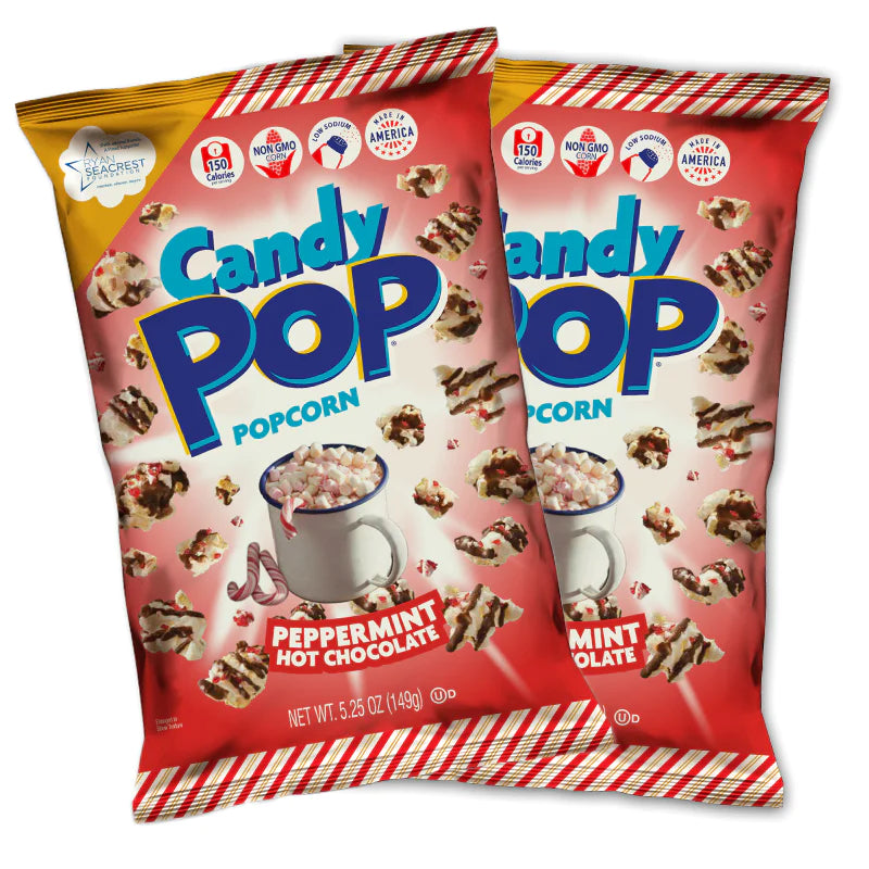 Front of Candy Pop Peppermint Hot Chocolate Popcorn BIG BAG showing the brand, product name, peppermint hot chocolate flavour, and 149g pack size.