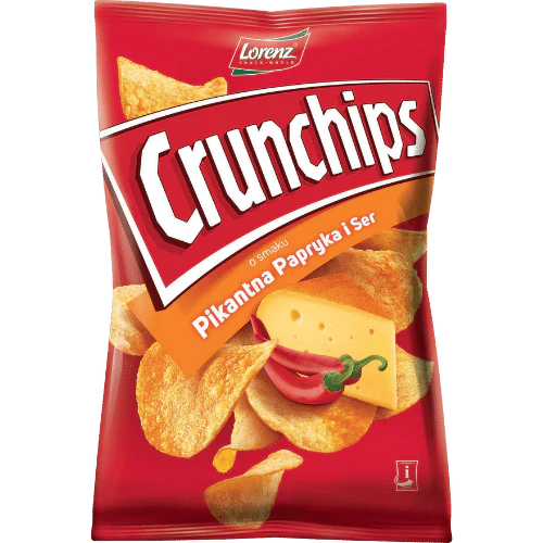 Front of Crunchips Paprika Cheese bag showing the logo, paprika and cheese flavour, and crispy chips (140g pack)