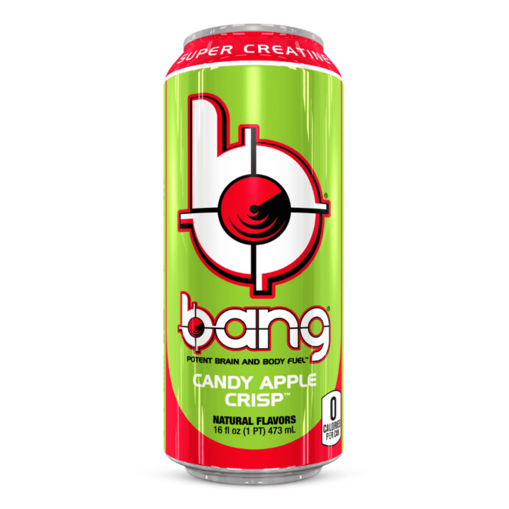Front of Bang Candy Apple Crisp can displaying vibrant green colour, unique logo, and label details with 500ml volume