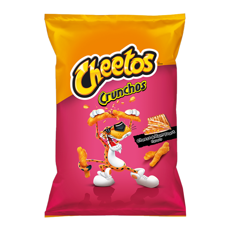 Front of Cheetos Crunchos Cheese & Ham Toastie bag showing the logo, character, and cheese and ham toastie flavour with 95g pack size.
