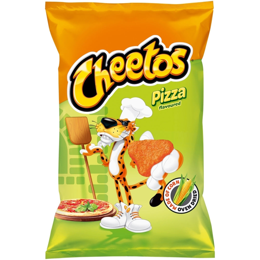 Front of Cheetos Pizza bag featuring the yellow logo, pizza flavour label, and an image of Cheetos shaped like pizza slices (85g pack)