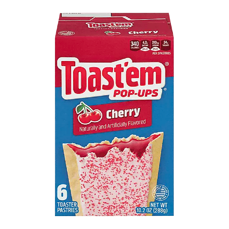Front of Toast'em Pop Ups Frosted Cherry Toaster Pastries box showing brand logo, cherry flavour, and 6 toaster pastries (288g pack)