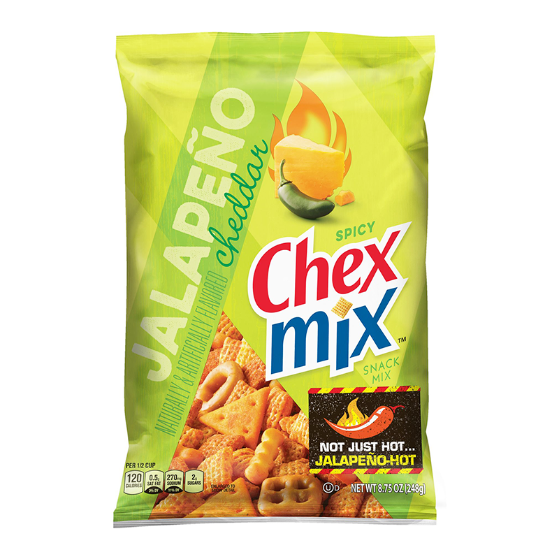 Front of Chex Mix Jalapeno Cheddar bag showing bold green and yellow packaging with logo, spicy jalapeno imagery, and snack mix details (106g pack)