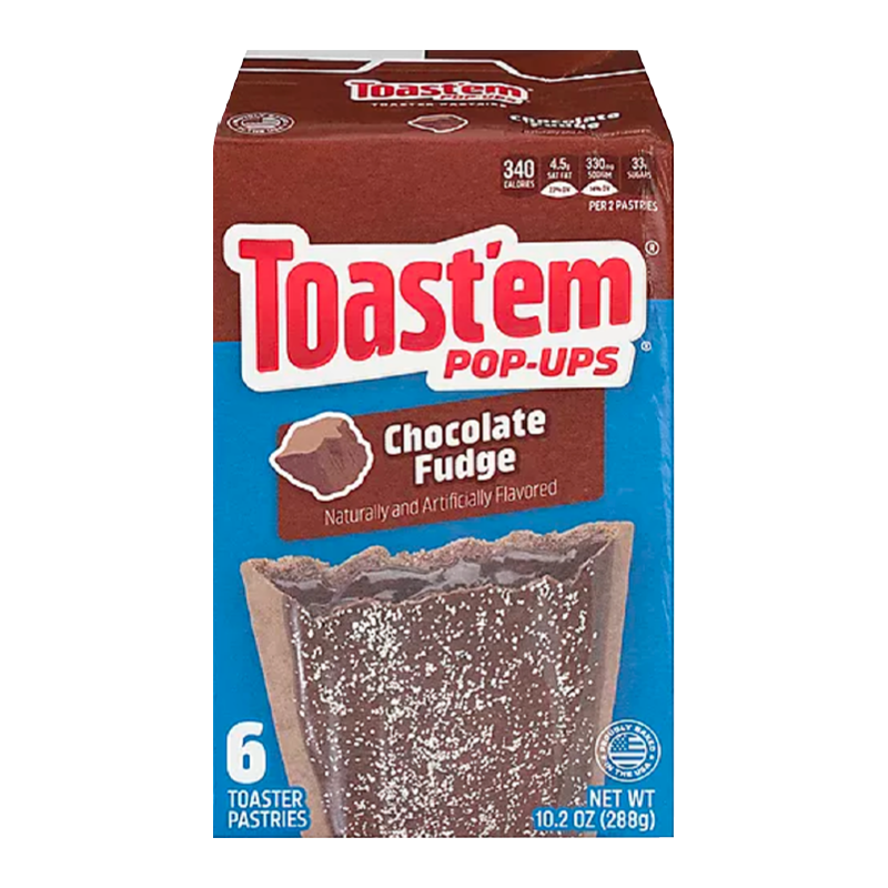 Front of Toast'em Pop Ups Frosted Chocolate Fudge Toaster Pastries box showing the brand logo, chocolate fudge flavour, and 288g pack size with images of the pastries.