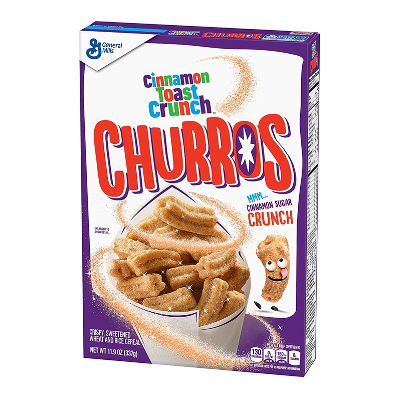 Front of Cinnamon Toast Crunch Churros Cereal box featuring brand logo, churros-shaped cereal, and cinnamon sugar detail (337g pack)