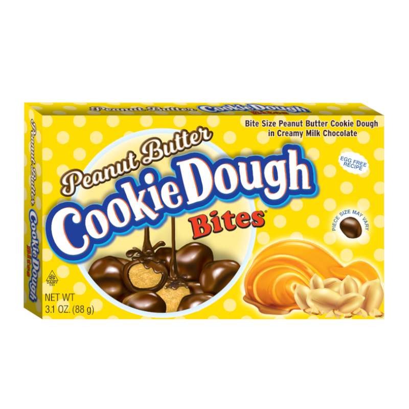Front of Cookie Dough Bites Peanut Butter Theatre Box featuring vibrant yellow packaging, milk chocolate coating visual, and clear 88g label.