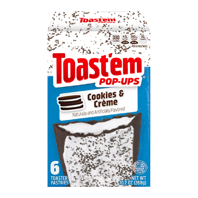 Front of Toast'em Pop Ups Frosted Cookies & Creme box featuring the brand logo, cookies & crème flavour, and 288g pack size with 6 toaster pastries.