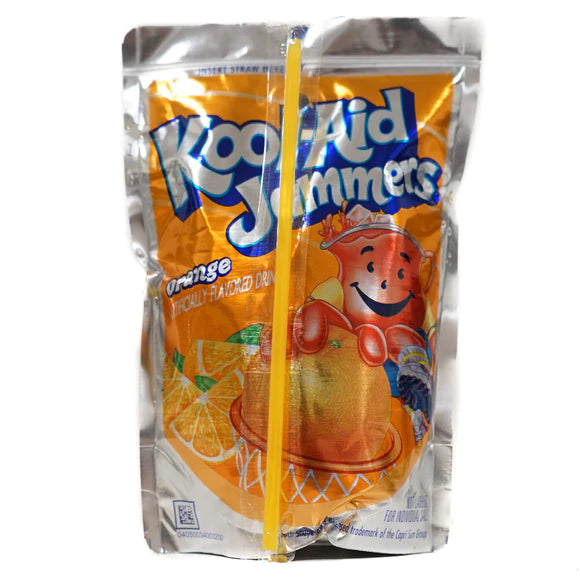 Front of Kool Aid Jammers Orange pouch showing bright orange colour with Kool Aid logo, playful character, and 177ml pack size.