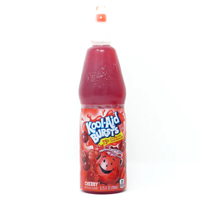 Front of Kool Aid Bursts Cherry bottle featuring bright red label, cartoon character, and 200ml volume.