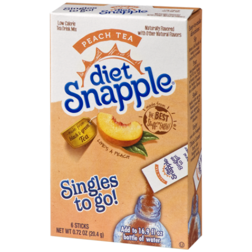 Front of Snapple Peach Tea Singles To Go box showing peach flavour drink mix, logo, and details for 20.4g pack with 6 sticks