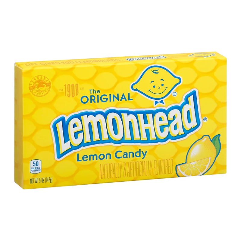 Front of Lemonhead Theatre Box showing bold yellow packaging, brand logo, lemon candy imagery, and the 142g pack size.