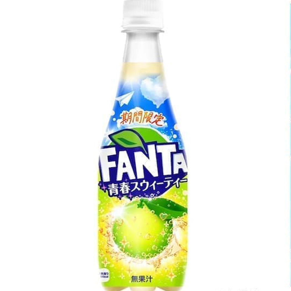 Front of Fanta Seishun Sweetie bottle displaying the logo, fruity design, and vibrant colours (410ml pack)