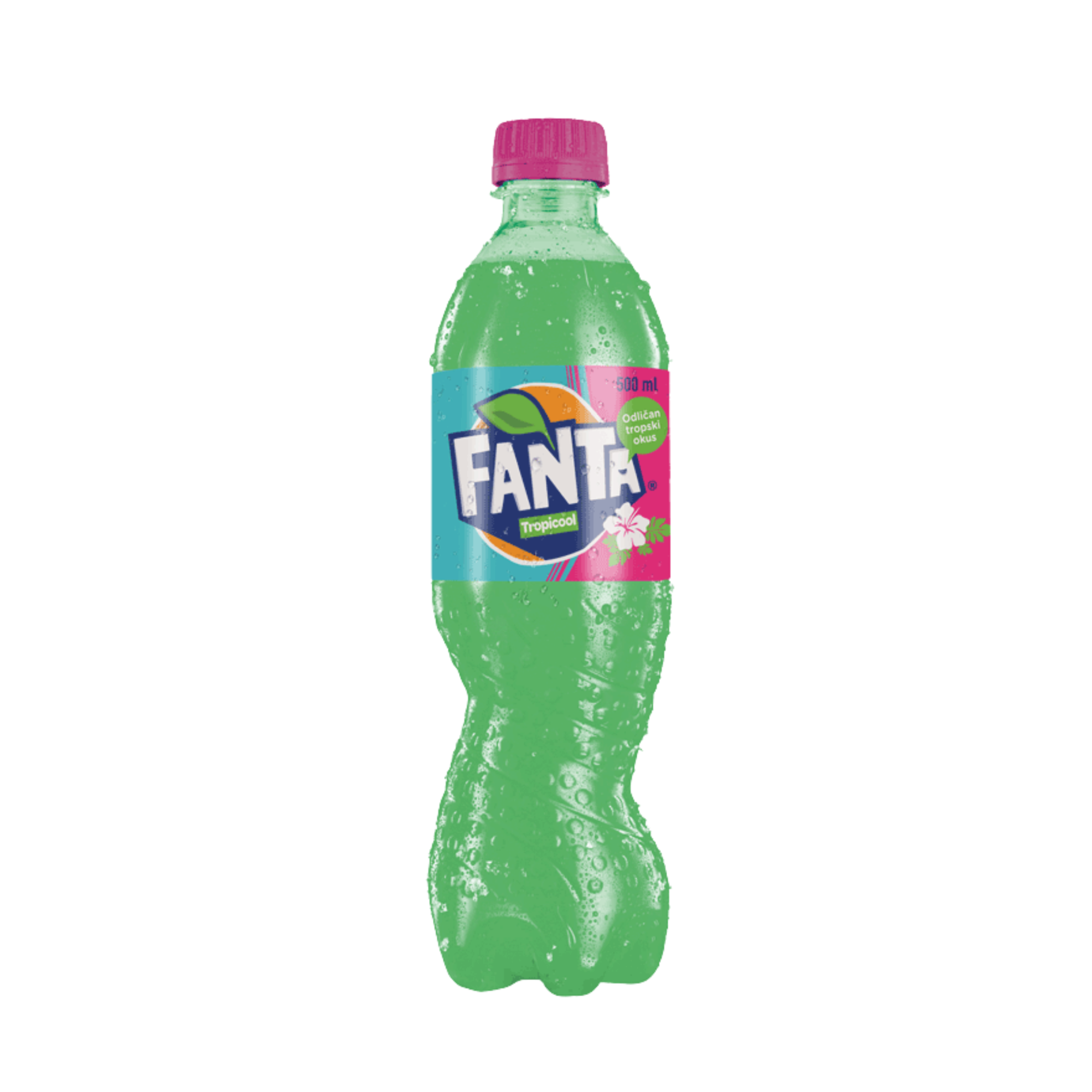 Front of Fanta Tropicool bottle showing vibrant label with tropical flavour text and 500ml pack size.