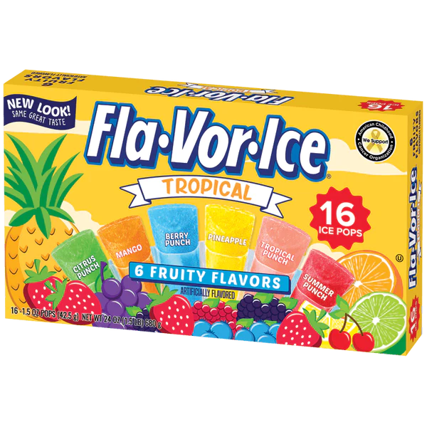Front of Fla-Vor-Ice Tropical Freezer Pops box showing bright colours, tropical flavour label, and 16 ice pops in assorted fruity flavours (680g pack)