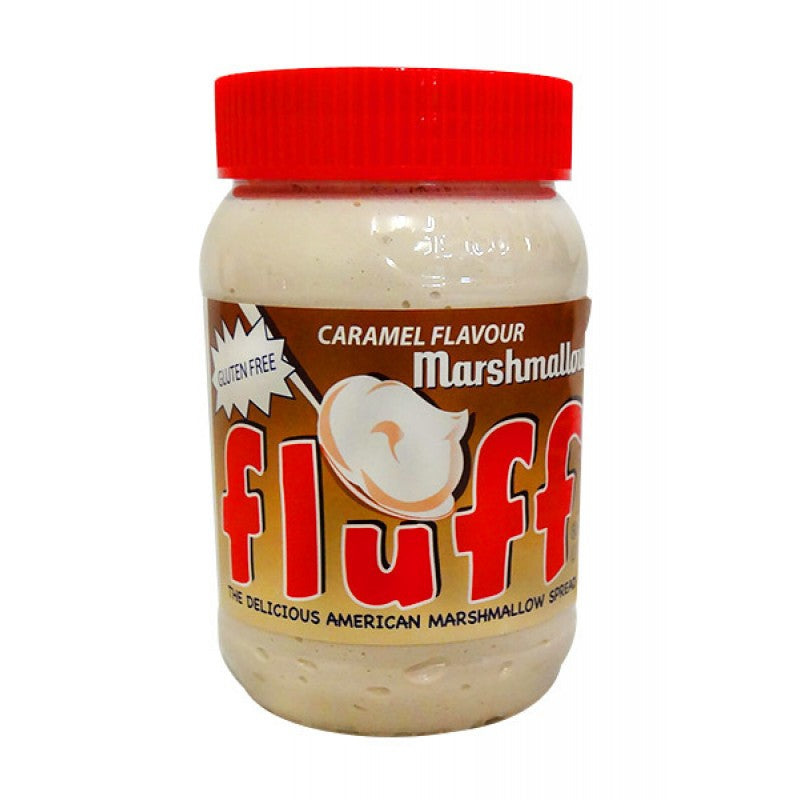 Front of Fluff Caramel Marshmallow Spread jar featuring the brand logo, caramel flavour label, and 213g pack size.
