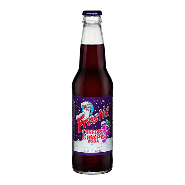 Front of Frostie Concord Grape Soda bottle displaying bold logo, grape flavour label, and pack size of 355ml