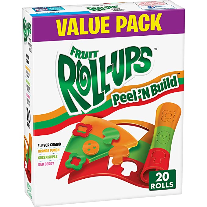 Front of Fruit Roll-Ups Pizza Peel N Build box showing vibrant logo, flavour combination of orange punch, green apple, and red berry, and the format with fun shapes (single roll 14g)
