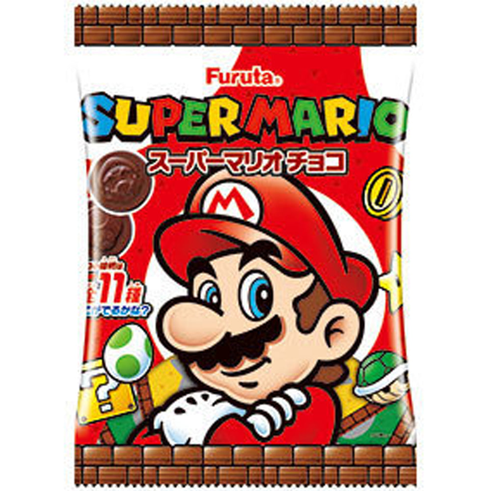 Front of Furuta Super Mario Chocolate bag featuring colourful design with Mario character, chocolate shapes, and pack size of 32g.