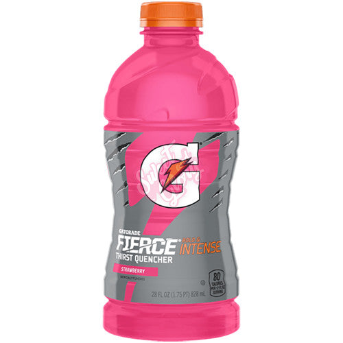 Front of Gatorade Fierce Strawberry bottle featuring bold logo, pink label, and visible pack size of 828ml