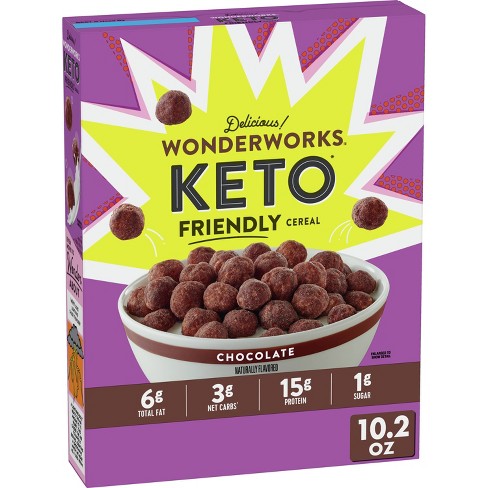 Front of Wonderworks Keto Chocolate Cereal box showing the chocolate flavour with a bowl of cereal and keto-friendly label (289g pack)