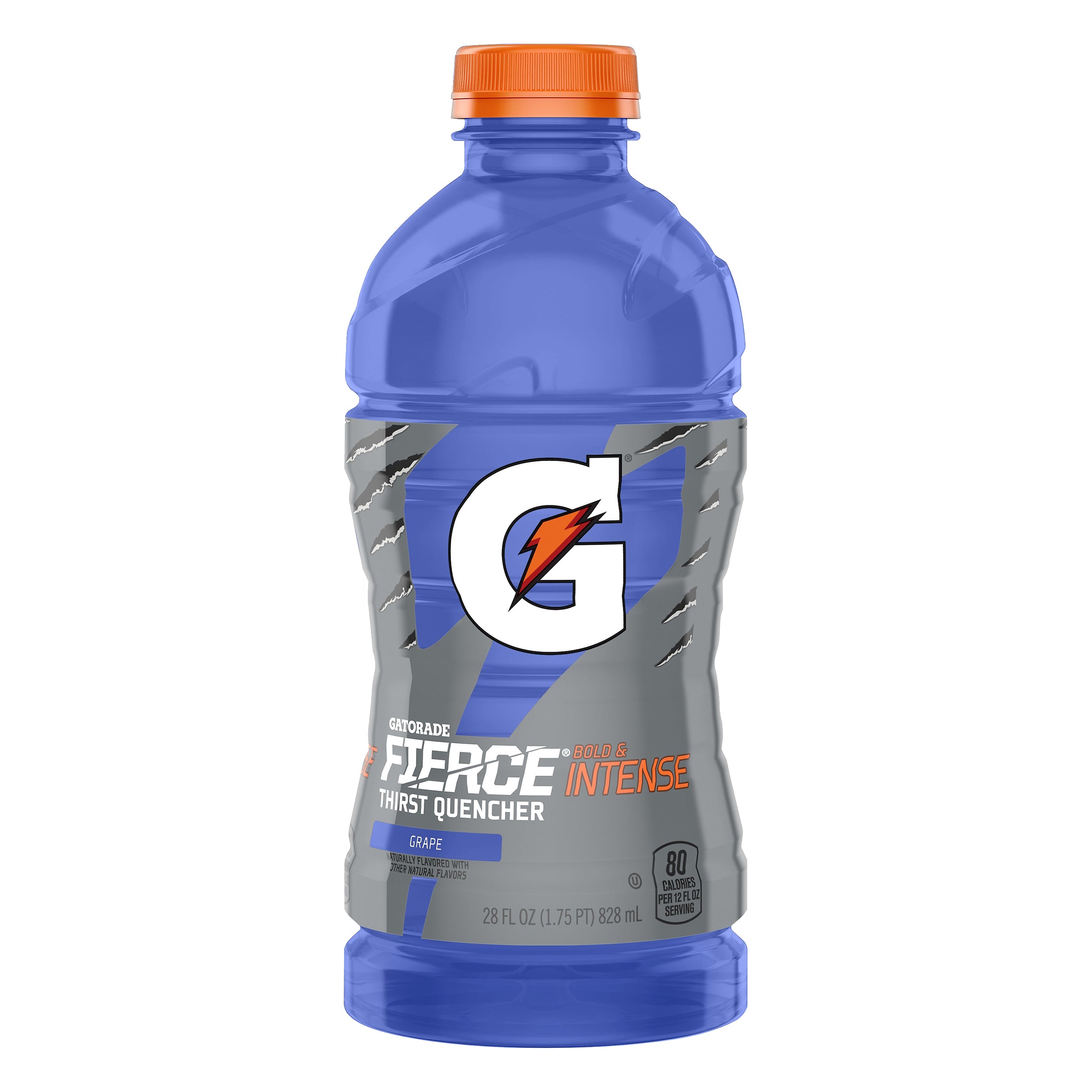 Front of Gatorade Fierce Grape bottle displaying bold logo, grape flavour label, and vibrant colour (828ml drink)