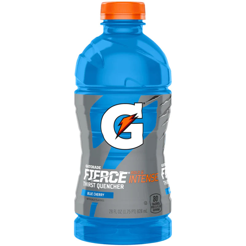 Front of Gatorade Fierce Blue Cherry bottle showcasing bold logo, blue cherry flavour label, and 828ml size