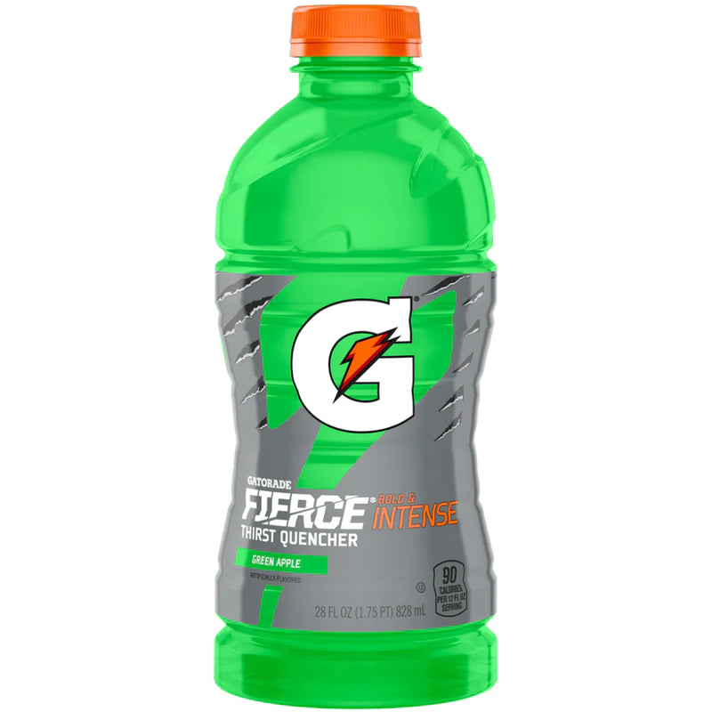 Front of Gatorade Fierce Green Apple bottle showcasing the bold logo, vibrant green liquid, and thirst-quenching label details (828ml pack)