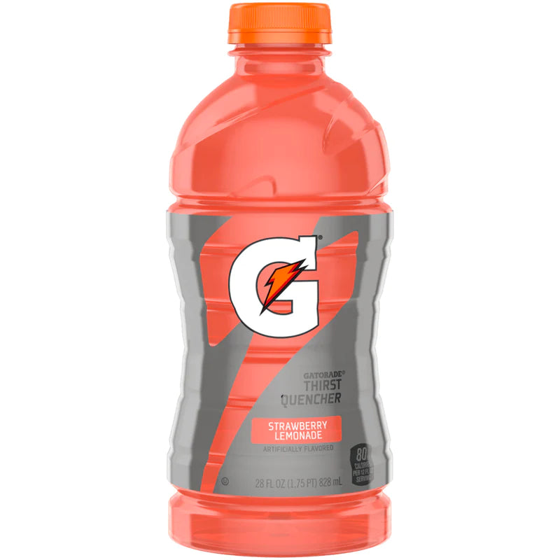 Front of Gatorade Strawberry Lemonade bottle featuring the iconic logo, bright red liquid, and 828ml size label