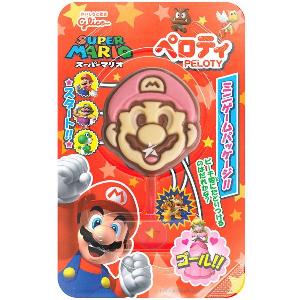 Front of Glico Peloty Super Mario packaging featuring Mario's face, vibrant red background, and playful graphics (20g pack)
