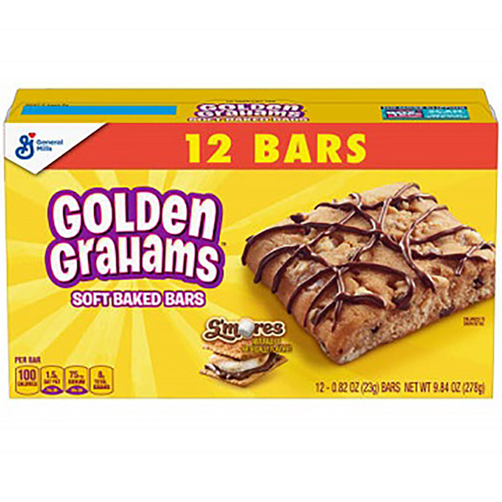Front of Golden Grahams S'mores Soft Baked Bars box showing brand logo, s'mores flavour and single 24g bar details.