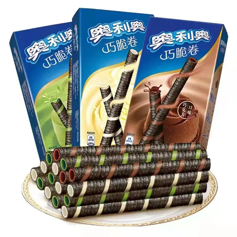 Front of Oreo Chocolate Wafer Rolls package showing branded logo, chocolate-flavoured wafer rolls, and pack size (55g)