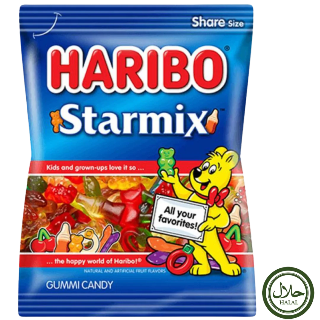 Front of Haribo Halal Starmix bag showing colourful gummy sweets, yellow bear mascot, and 80g pack size.