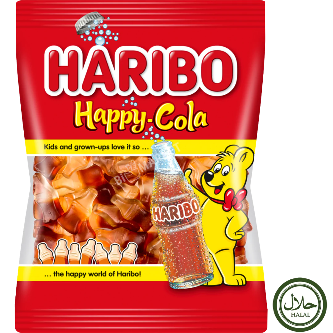 Front of Haribo Halal Happy Cola bag featuring the brand logo, cola-flavoured gummy sweets, and 80g pack size.