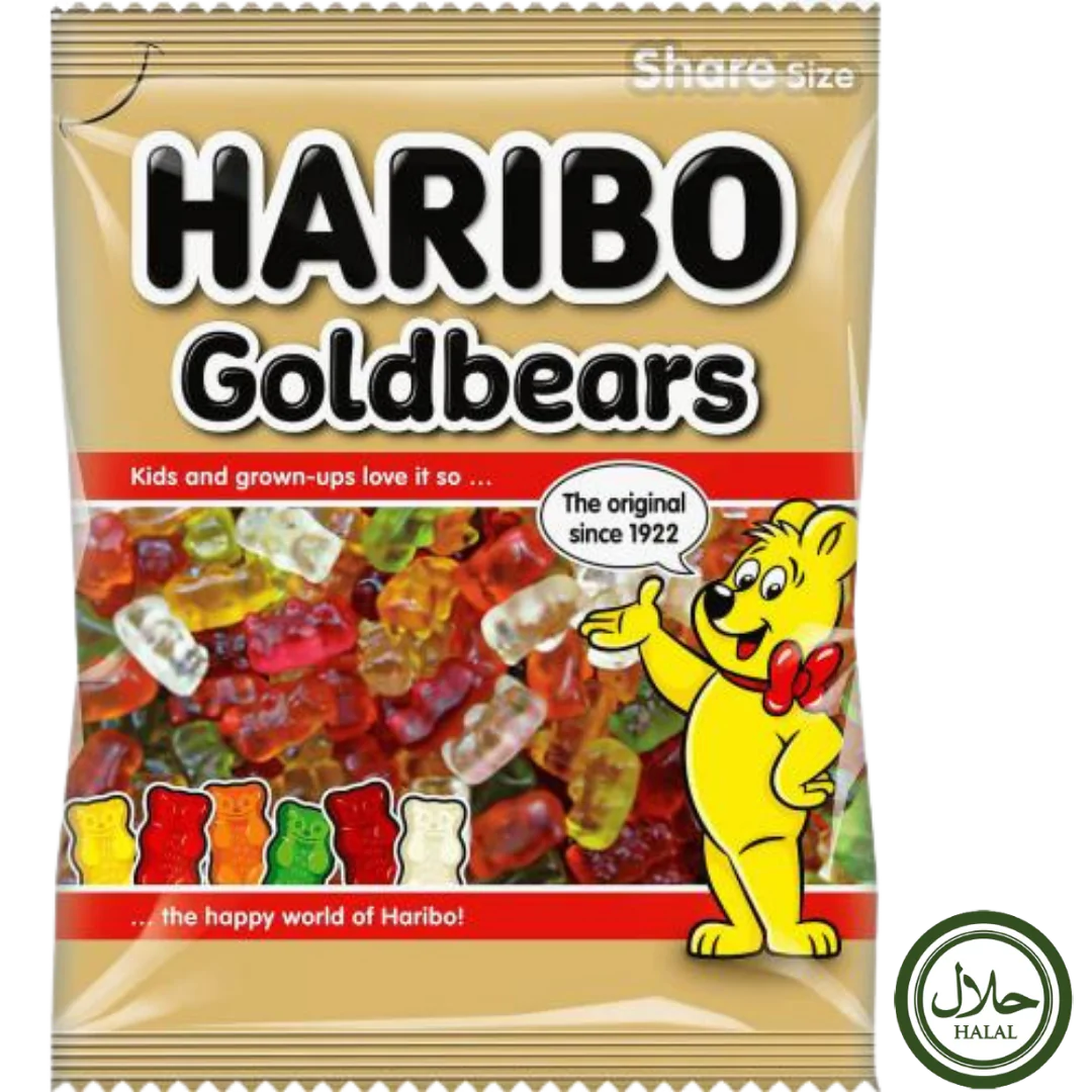 Front of Haribo Halal Gold Bears bag displaying the brand logo, colorful gummy bears, and text indicating 80g pack.