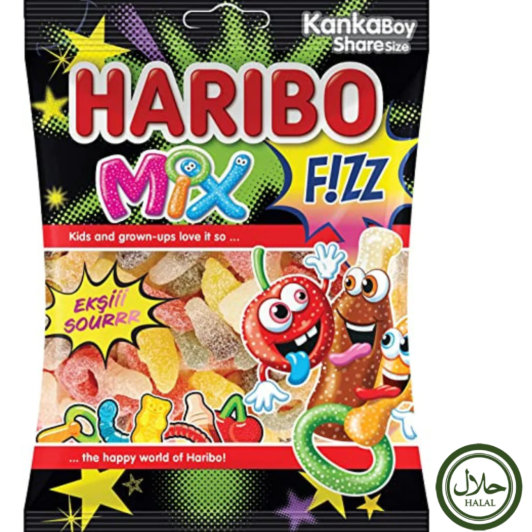Front of Haribo Halal Fizzy Mix bag showing vibrant packaging with fizzy gummy sweets and 70g size indication